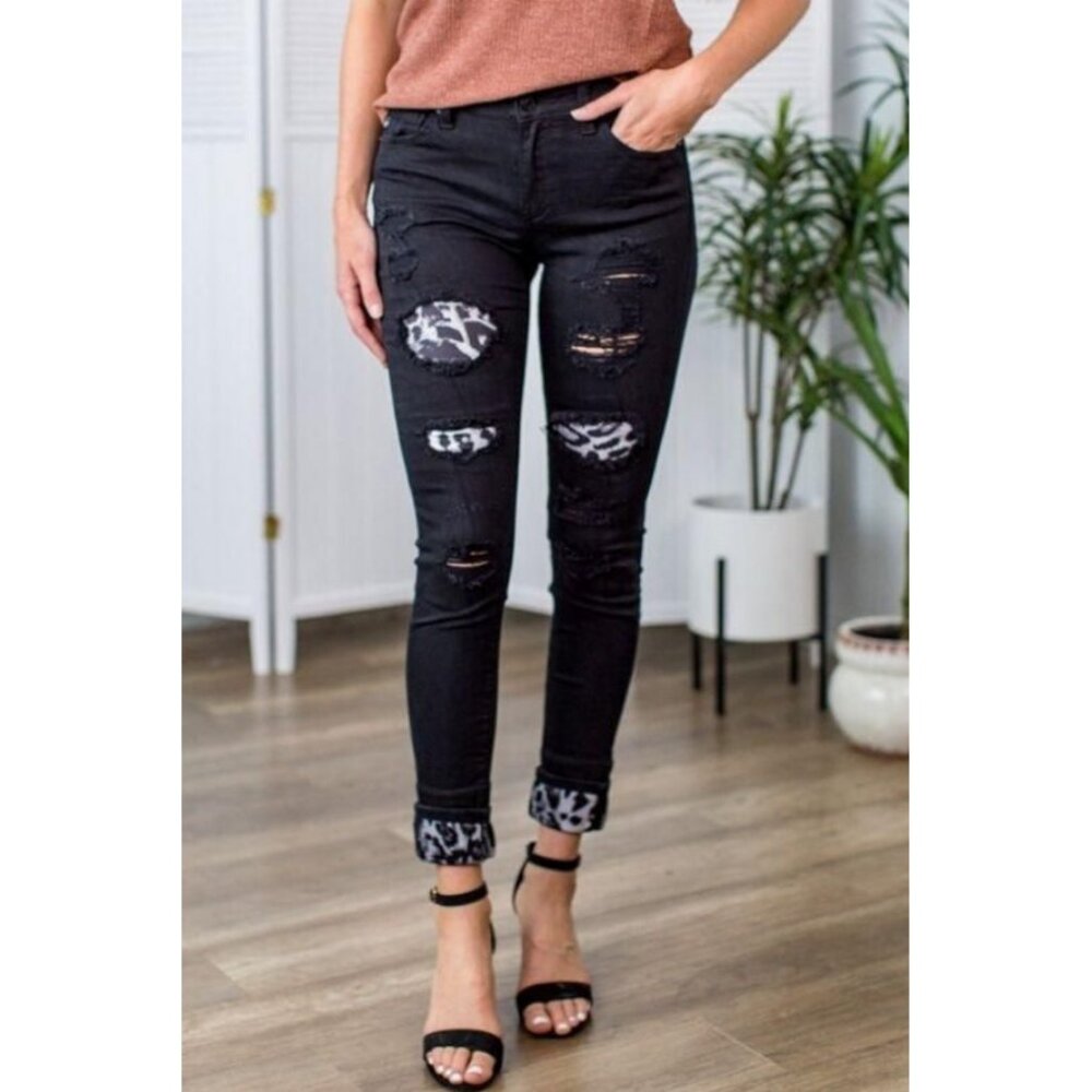 Kancan Leopard Patch Skinny Jeans